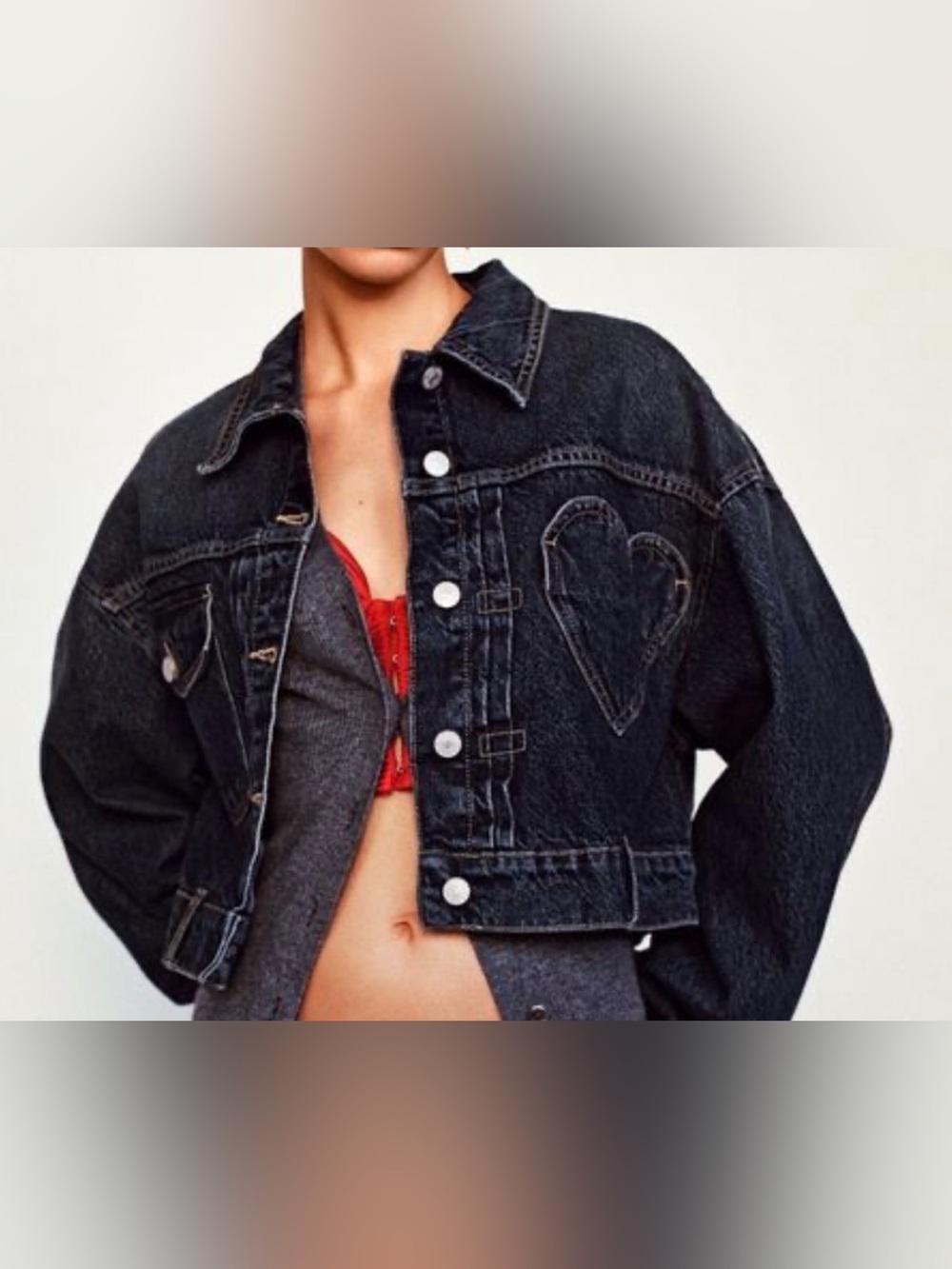 Zara Black Cropped Denim Jacket with Heart Patch size M